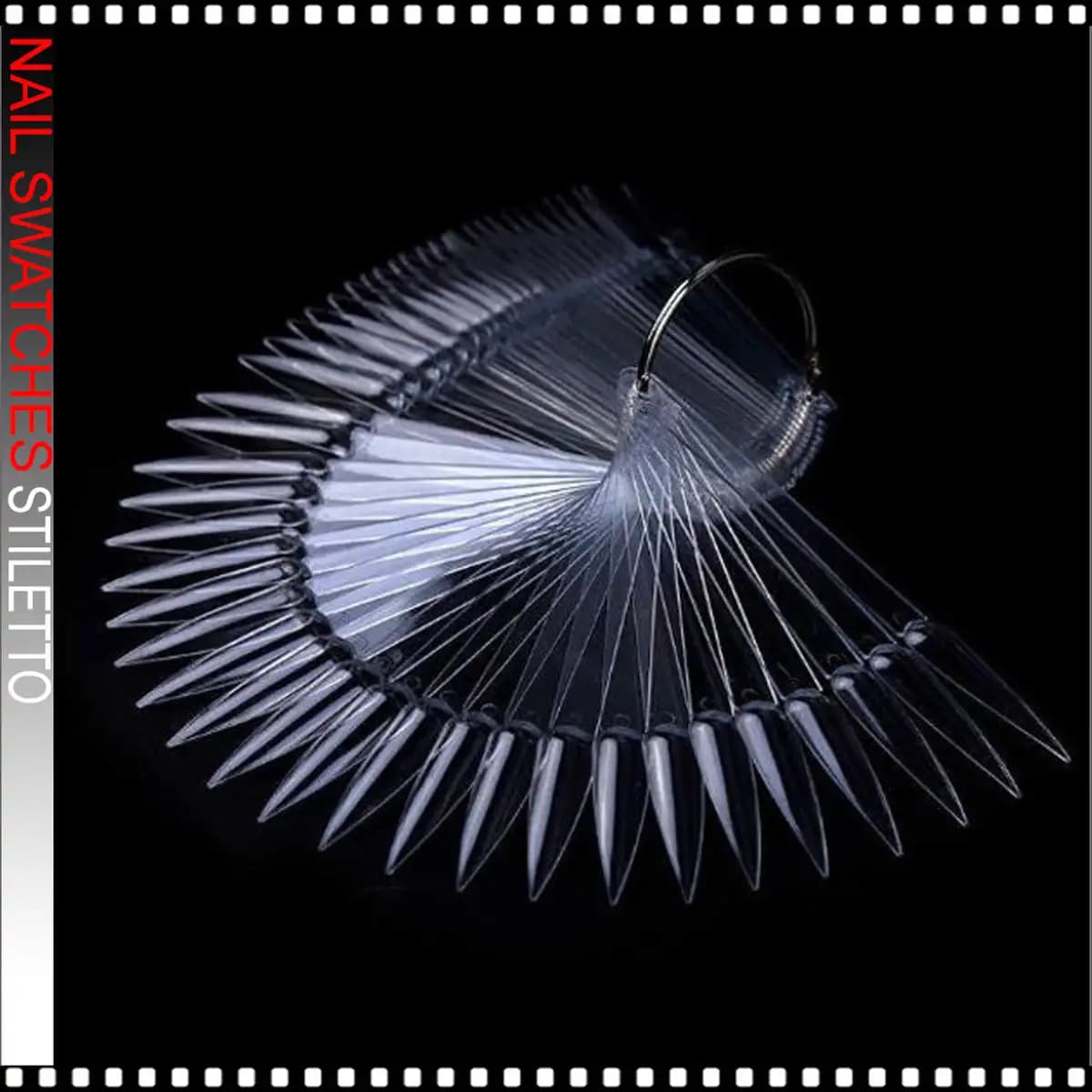 DND 50 Stiletto Nail Swatches On Ring Clear