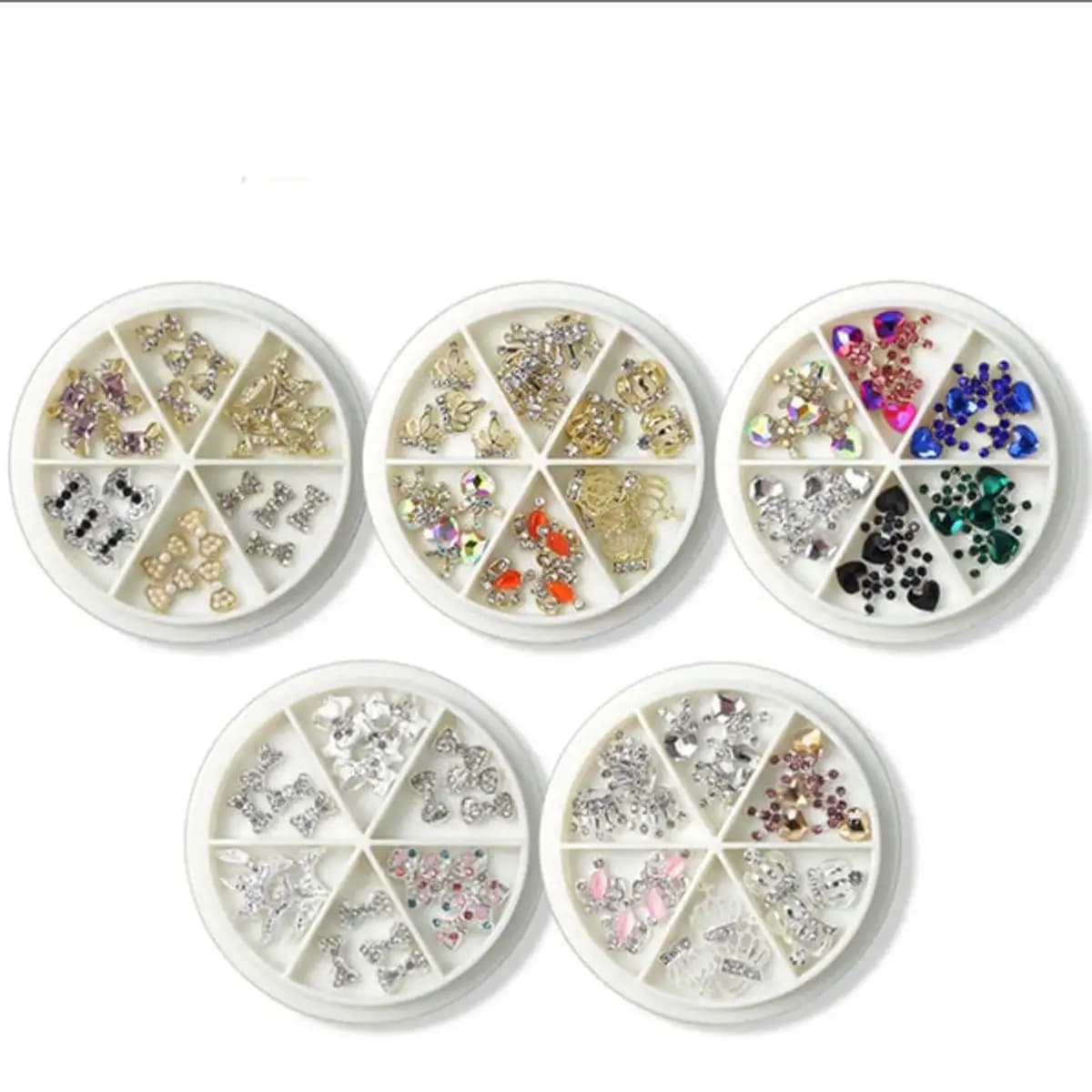 24pcs Crowns Hearts Bows Dollar Sign Alloy Nail Charms 3D Nail Art Rhinestone Crystal 6 Grid Wheel