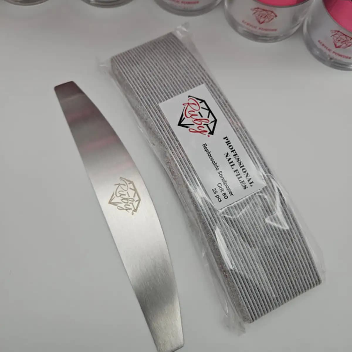 Ruby Reusable Metal Board Half Moon and Stick On Replacement Files Grit 80/100/180