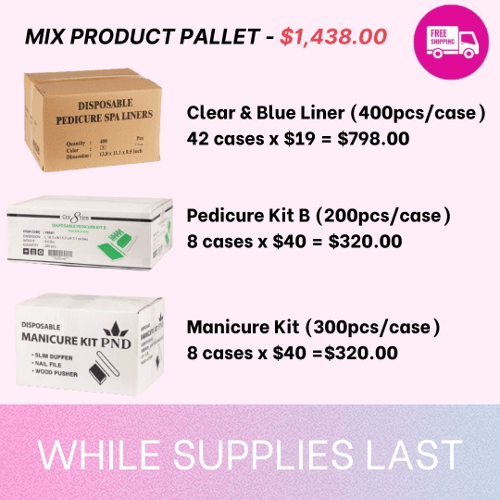 Mix Product Pallet: 42 cases Liner(Blue/Clear), 8 cases Cre8tion Pedicure Kit B, 8 cases PND Manicure Disposable Kit